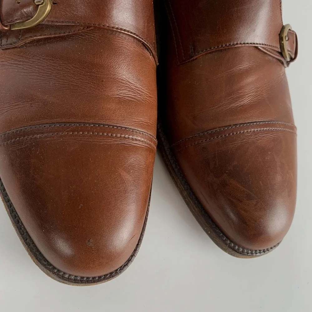 SALVATORE FERRAGAMO Leather Double Monk Strap Cap Toe Shoes 12 D Brown Italy